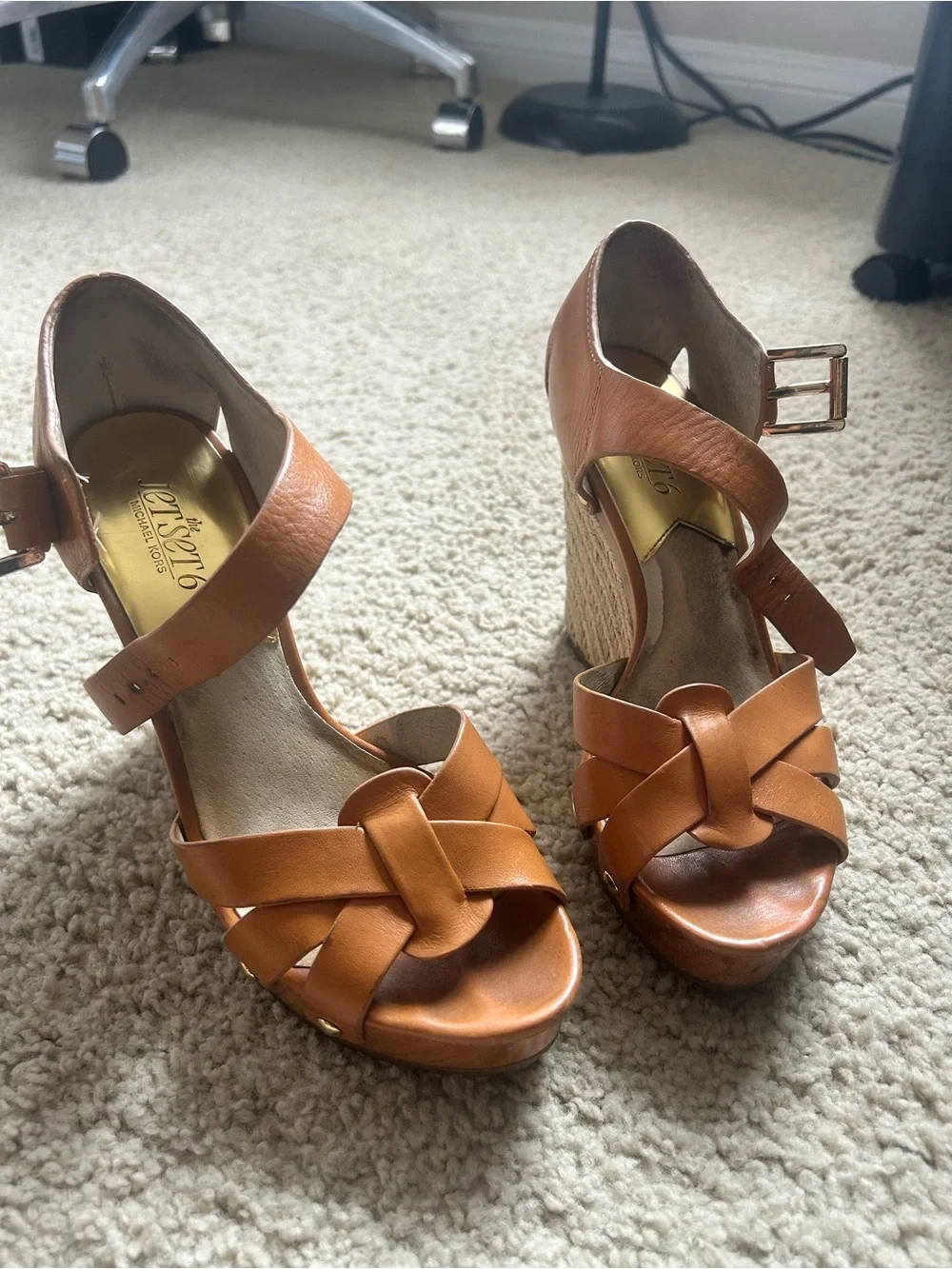 Michael Kors Jetset6 Cognac Leather Braided Wedge Sandals with Gold Buckle